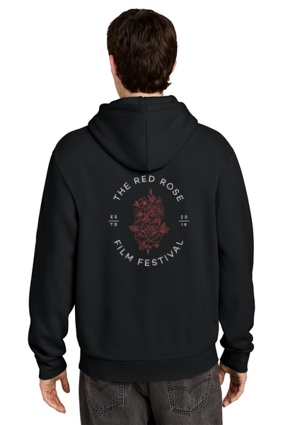 Red Rose Film Festival black hoodie with rose artwork on back
