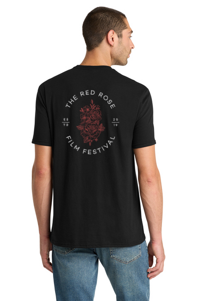 Red Rose Film Festival black t-shirt with rose artwork on back