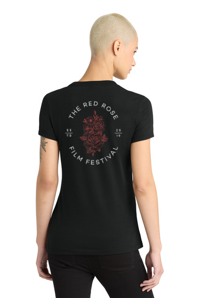 Red Rose Film Festival women's black t-shirt with rose artwork on back
